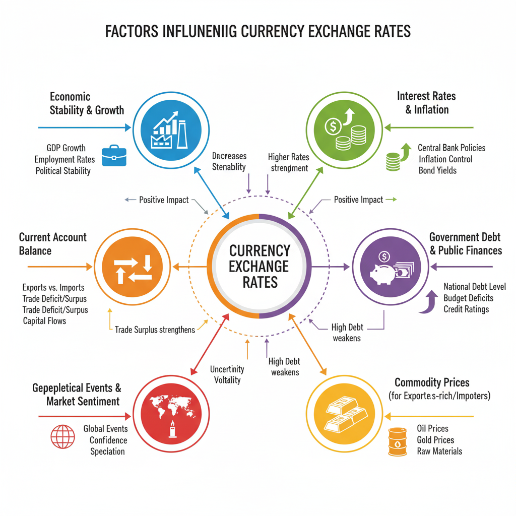 Infographic showing how different economic factors influence currency exchange rates